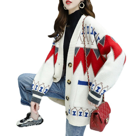 Damen Strickjacke mit farbenfrohem Design und großen Knöpfen EB