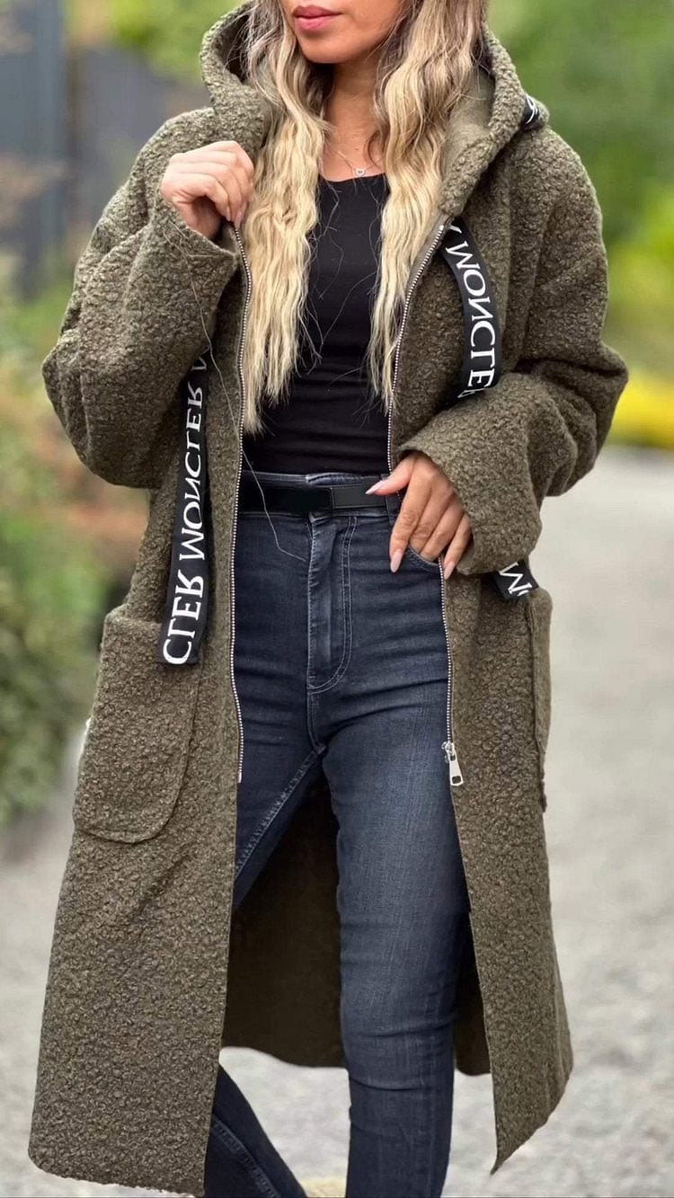 Damen Modischer Oversized-Fleece-Mantel mit praktischen Taschen und Kapuze EB