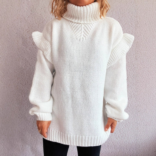 Damen kuscheliger Strickpullover mit Rüschenärmeln und hohem Kragen EB