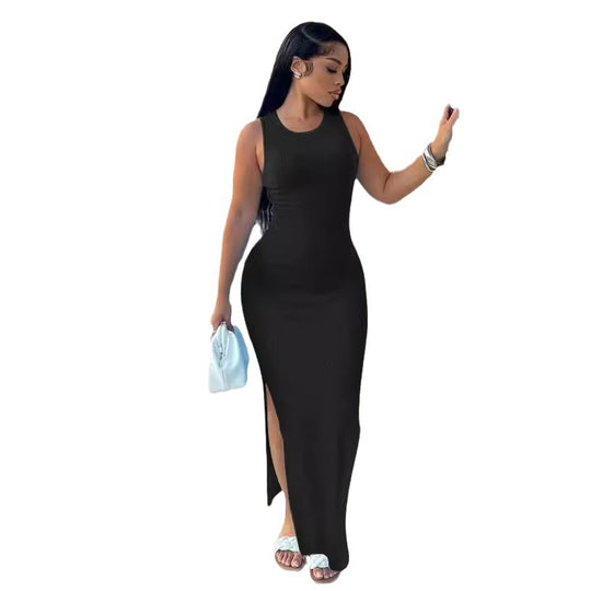 Damen elegantes Maxikleid mit hohem Schlitz und figurbetontem Schnitt EB
