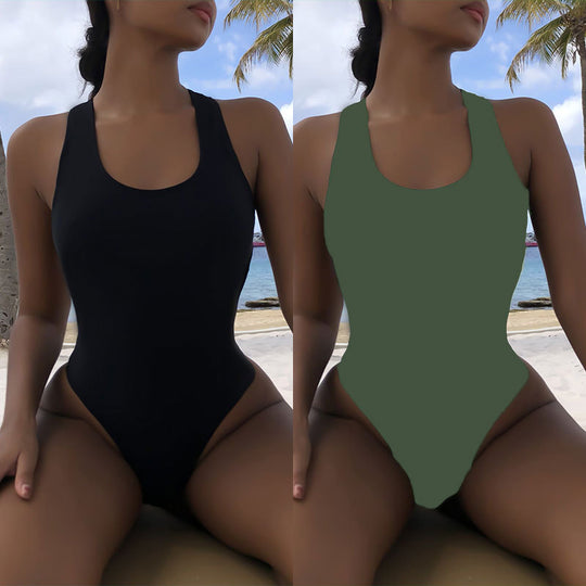 Damen Sportlicher Einteiler Badeanzug mit hohem Beinausschnitt EB