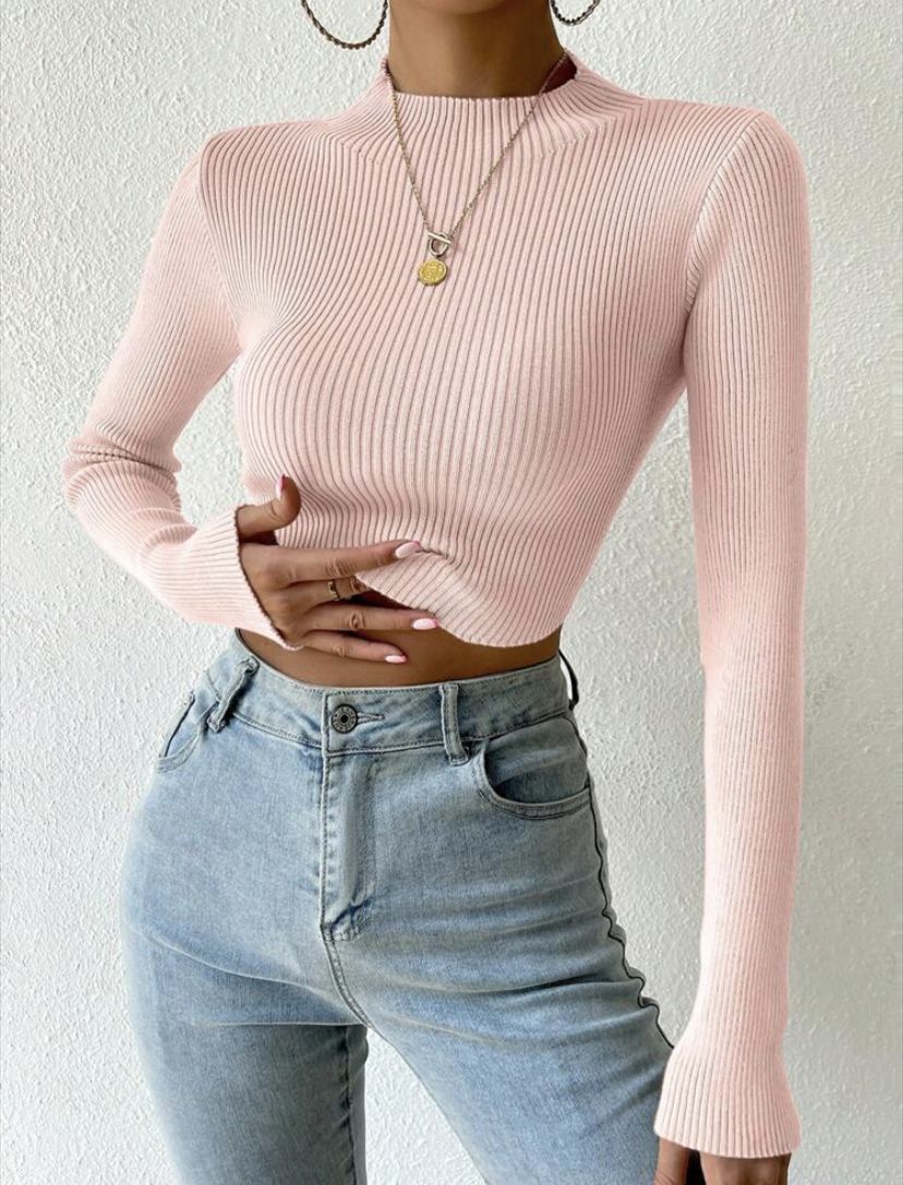Damen Gerippter Cropped Feinstrickpullover mit Stehkragen EB