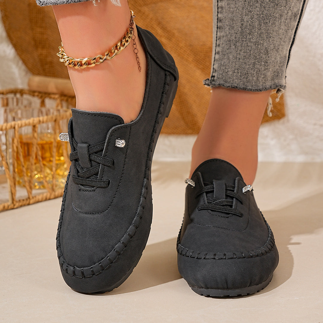 Damen nan atmungsaktive Mokassin-Slipper aus Mikrofaser mit elastischer Schnürung und rutschfester Gummisohle EB