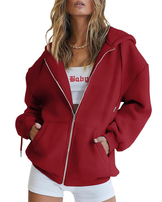 Damen nan Oversize-Zip-Hoodie mit Kapuze Kängurutaschen und weichem French-Terry EB