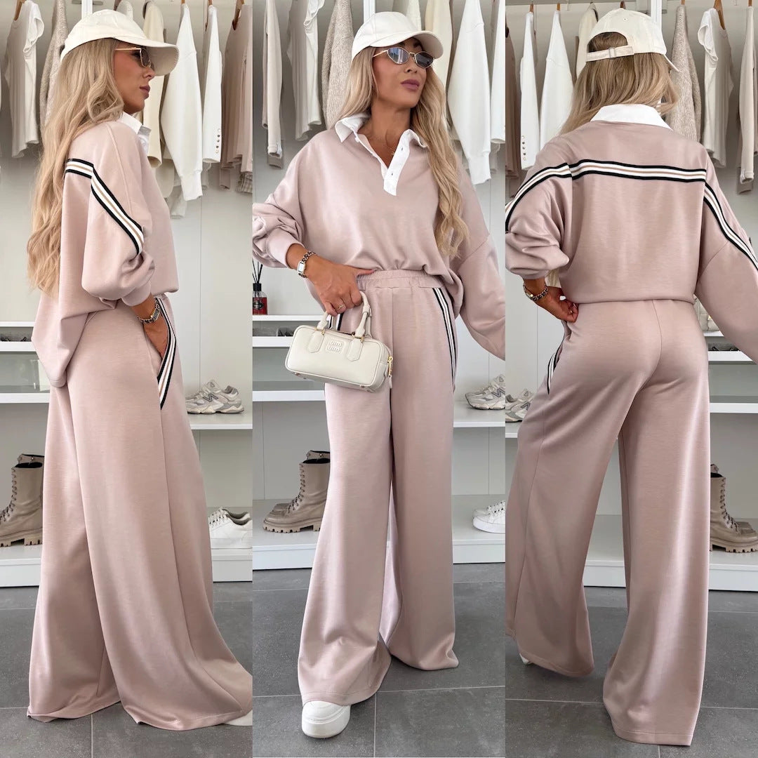 Damen modisches Relax-Set mit Polokragen, markanten Paspelstreifen und weitem Palazzo-Jogger EB