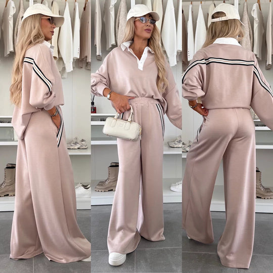 Damen modisches Relax-Set mit Polokragen, markanten Paspelstreifen und weitem Palazzo-Jogger EB