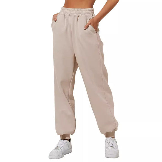 Damen nan lockere High‑Waist Jogginghose mit doppellagigem Komfortbund, seitlichen Eingrifftaschen und gerafften Knöchelbündchen EB