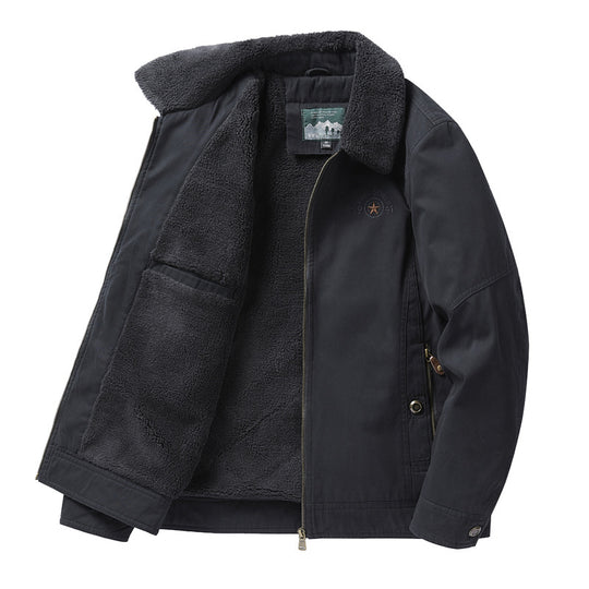 Men's  sherpa-lined canvas chore jacket with full fleece interior and zip closure EB