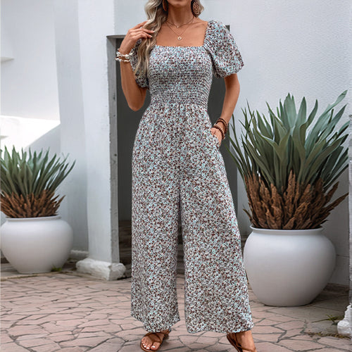 Damen farbenfrohes Blumensommeroverall mit Puffärmeln EB