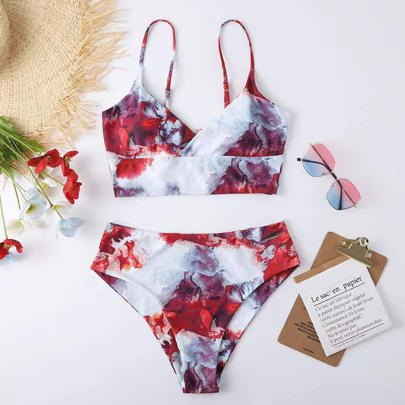 Damen Hoch tailliertes Bikini-Set mit Blumenmuster EB