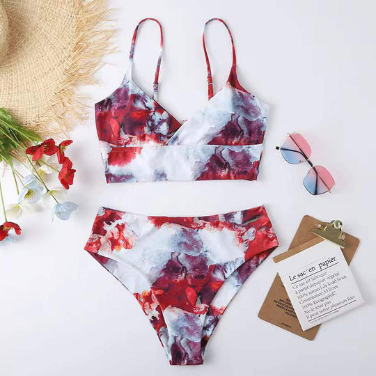 Damen Hoch tailliertes Bikini-Set mit Blumenmuster EB