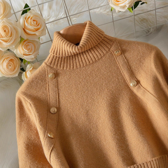 Damen eleganter Strickpullover mit hochgeschlossenem Kragen und dekorativen Knopfdetails EB