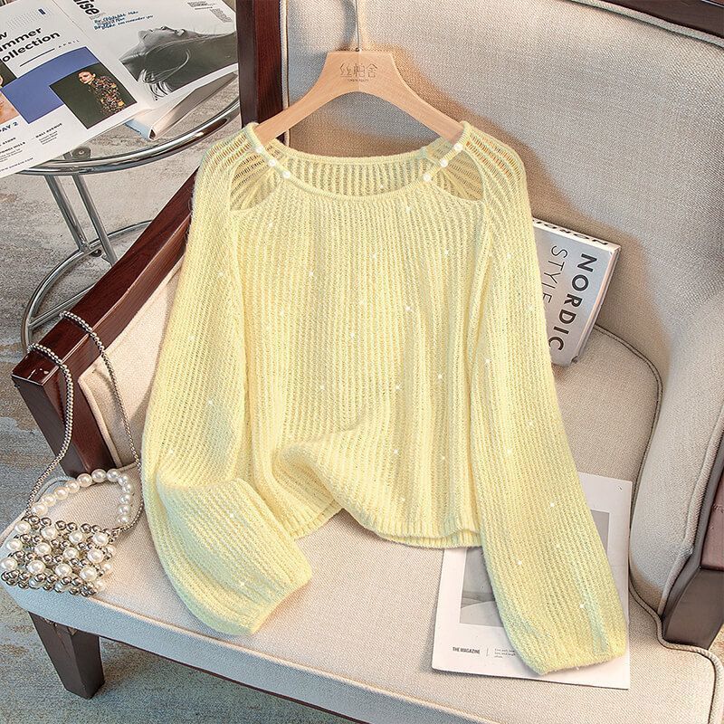 Damen lässiger Pullover mit Off-Shoulder Design und funkelnden Details EB