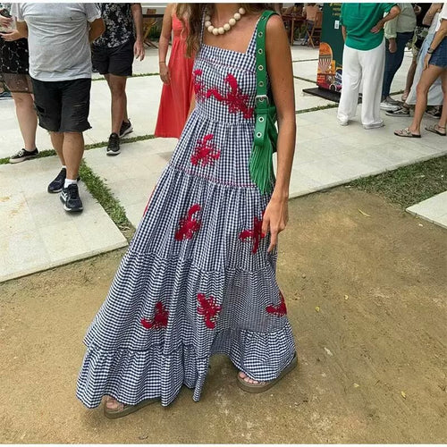 Damen Maxikleid mit Karo-Muster und lebhaften gestickten Krabbenmotiven EB