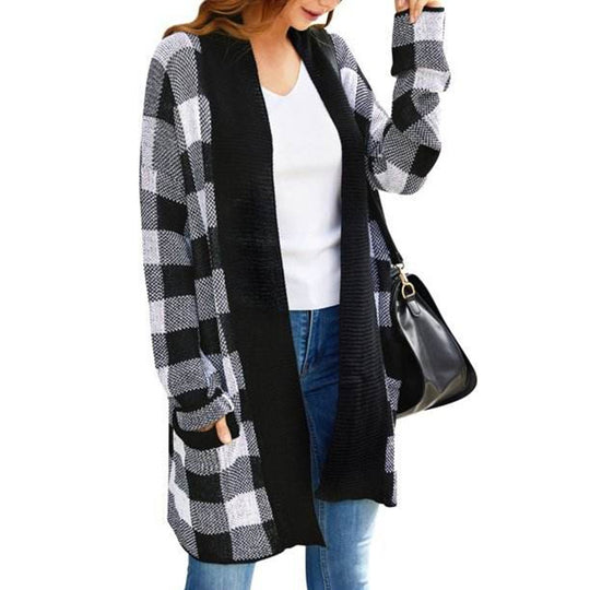 Damen lässiger Strickcardigan mit modernem Karomuster und offenen Fronten EB