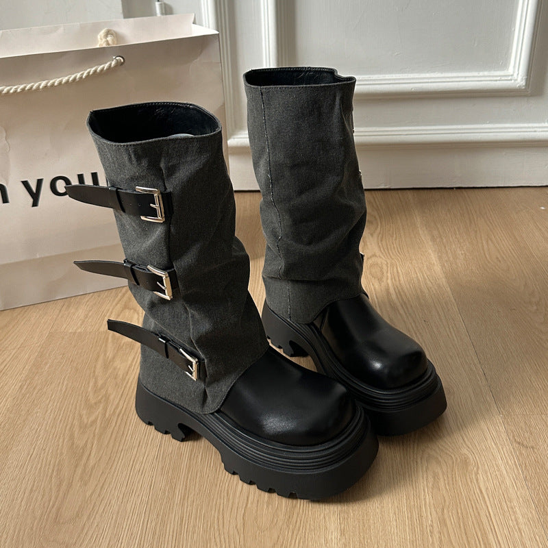 Damen Boots mit modischer Schnallenverzierung und robustem Plateau-Heel EB