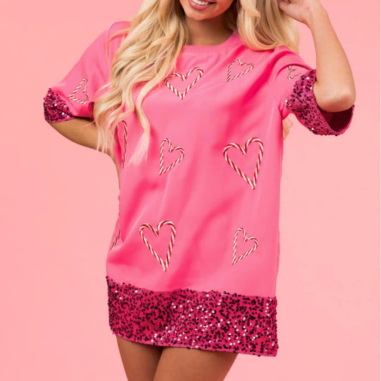 Damen Tunika Kleid mit Paillettenbesatz und Herzmuster EB