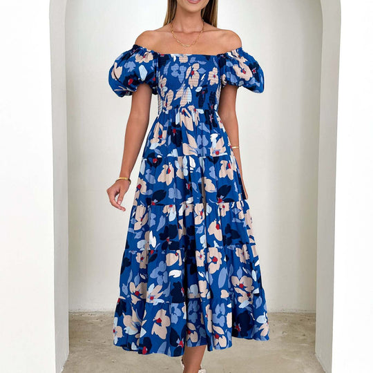 Damen Maxikleid mit voluminösen Puffärmeln und floralen Akzenten EB