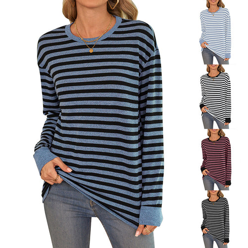 Damen bequemes Langarmshirt mit gestreiftem Design und Rundhalsausschnitt EB