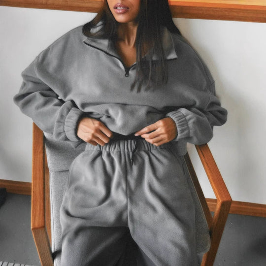 Damen Ultraweiches Fleece-Relaxset mit Stehkragen, halbem Reißverschluss und elastischer Schlupfhose EB