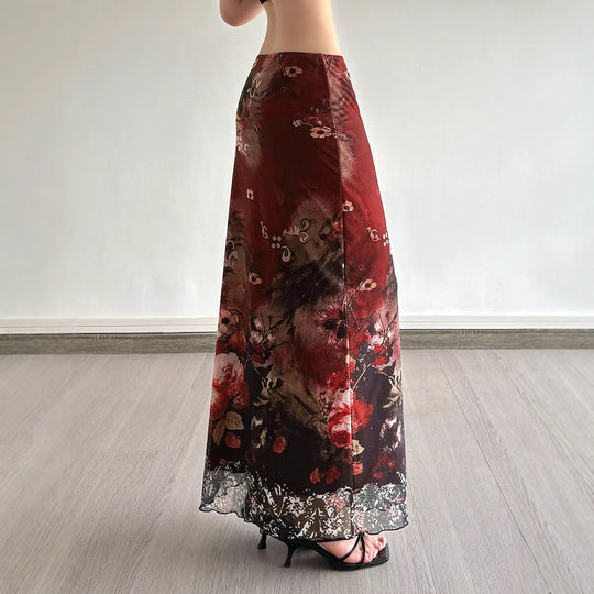 Damen Maxirock mit floralen Mustern und transparenter Spitze EB