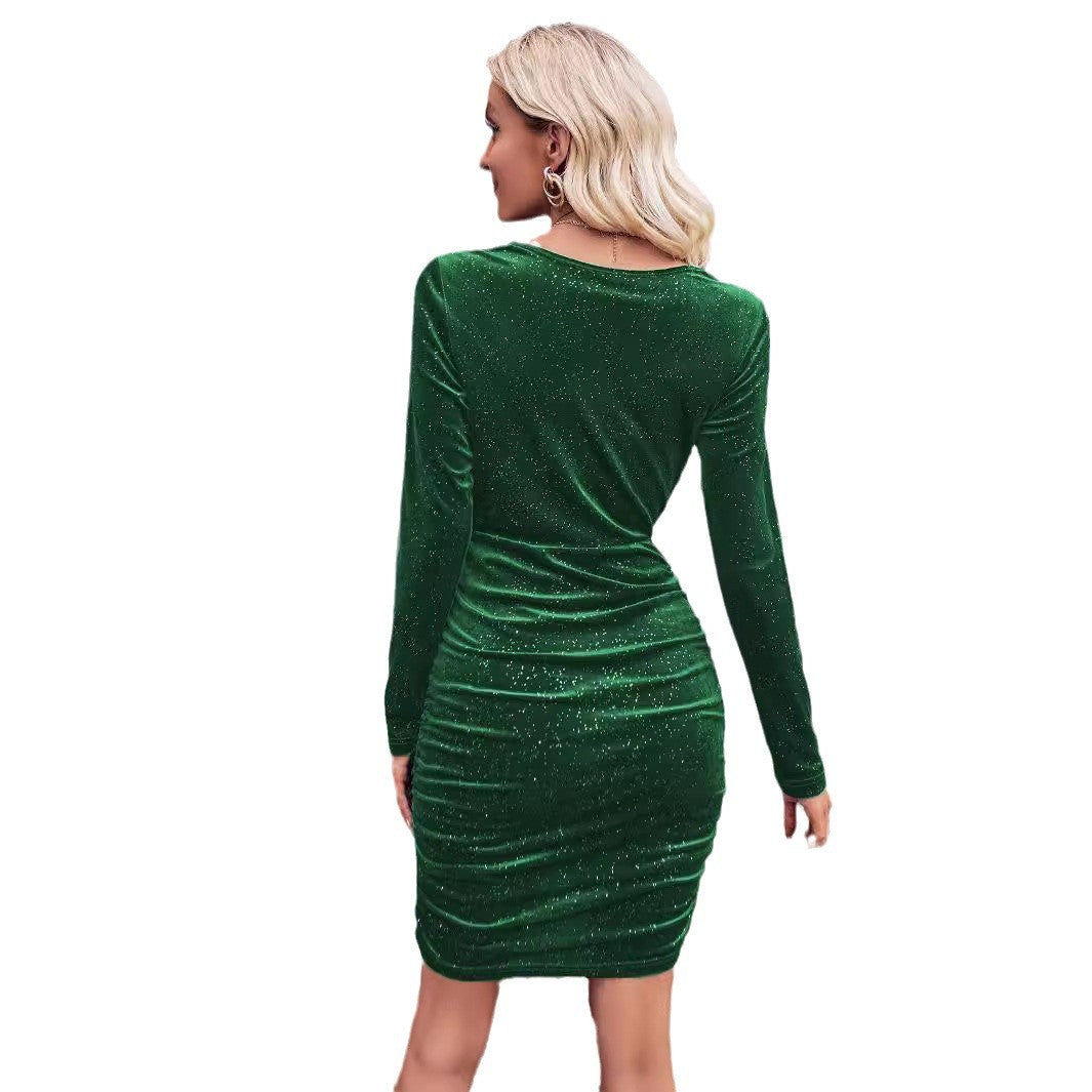 Damen Elegantes Wickelkleid mit funkelnden Akzenten und langem Ärmel EB