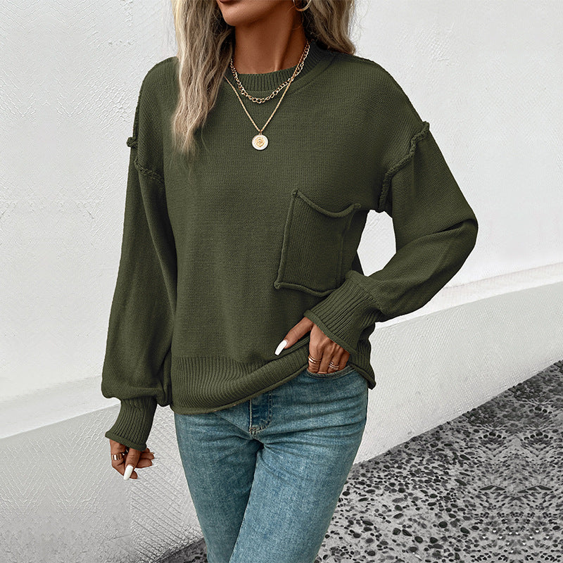 Damen lässiger Pullover mit voluminösen Ärmeln und praktischer Taschendetail EB