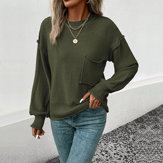 Damen lässiger Pullover mit voluminösen Ärmeln und praktischer Taschendetail EB