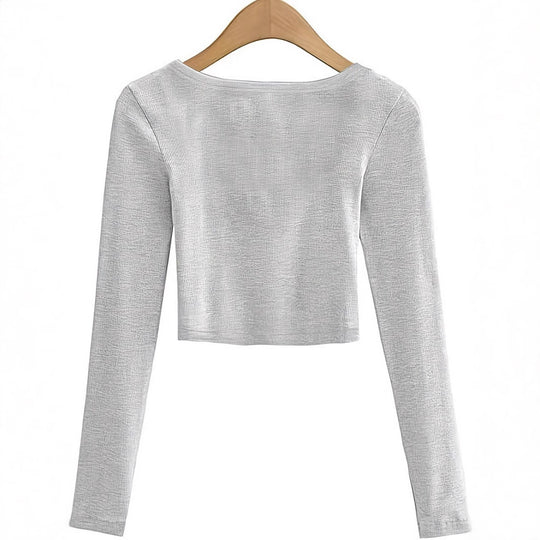 Damen Langarm-Crop-Top mit Rundhalsausschnitt und strukturierter Oberfläche EB