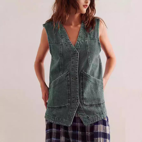 Damen Denim-Weste mit lässigem Schnitt und praktischen Taschen EB