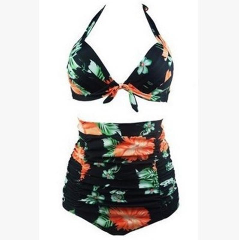 Damen Hoch tailliertes Bikini-Set mit floralem Design und Raffungen EB