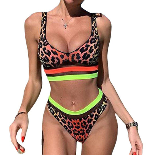 Damen Sportliches Bikini-Set mit hohem Bund und modischem Muster EB