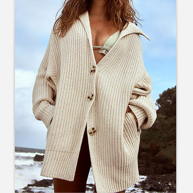 Damen Strickjacke mit Kapuze und grober Textur EB