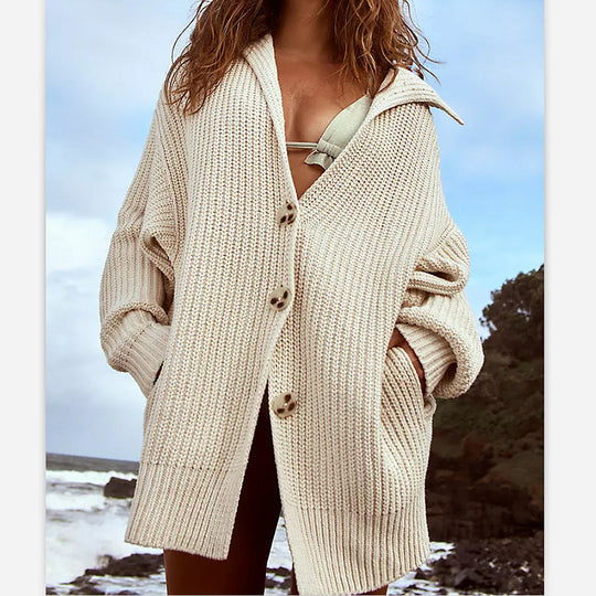 Damen Strickjacke mit Kapuze und grober Textur EB