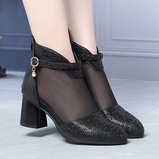 Damen Elegante Stiefeletten mit funkelnden Strassakzenten und feinem Netzdesign EB