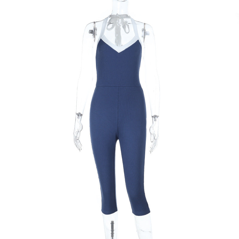 Damen eleganter, figurbetonter Jumpsuit mit V-Ausschnitt und raffinierter Schnürung EB