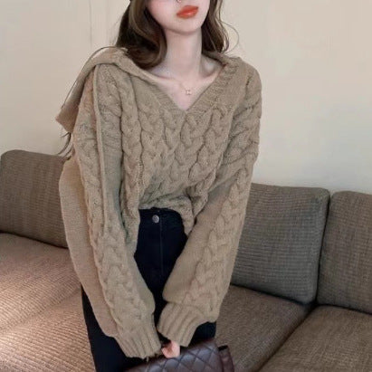 Damen Zopfmuster Pullover mit Kapuze und V-Ausschnitt EB