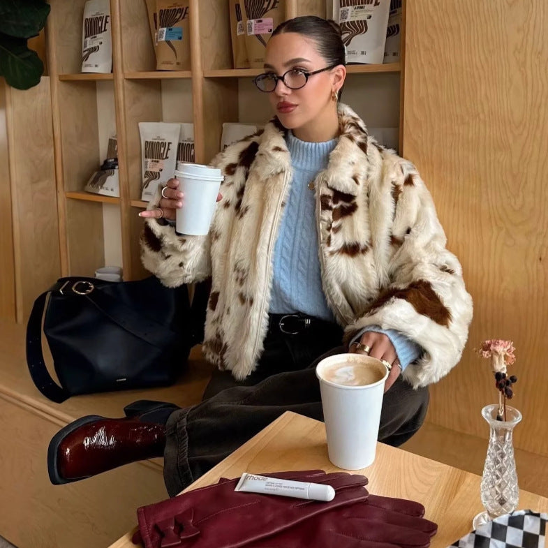 Damen Modische Kunstfelljacke mit tierischem Muster und elegantem Kragen EB