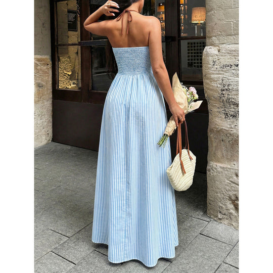 Damen Maxi-Kleid mit tiefem V-Ausschnitt und raffiniertem Streifenmuster EB