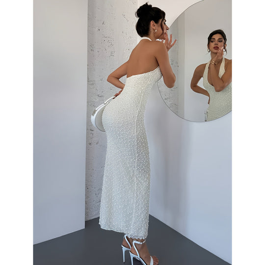 Damen Elegantes Abendkleid mit Hochzeitsperlen und tiefem V-Ausschnitt EB