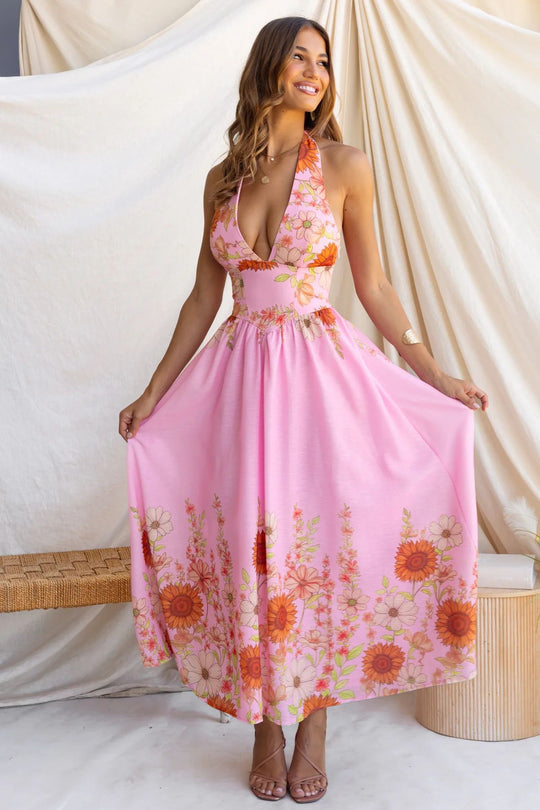 Damen Maxikleid mit tiefem V-Ausschnitt und floralem Print EB