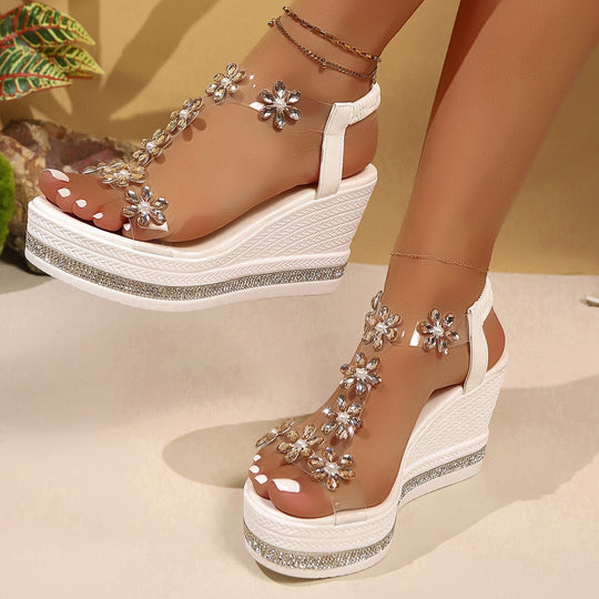 Damen Plateau-Sandalen mit transparentem PVC-Riemen und Blumenapplikation EB