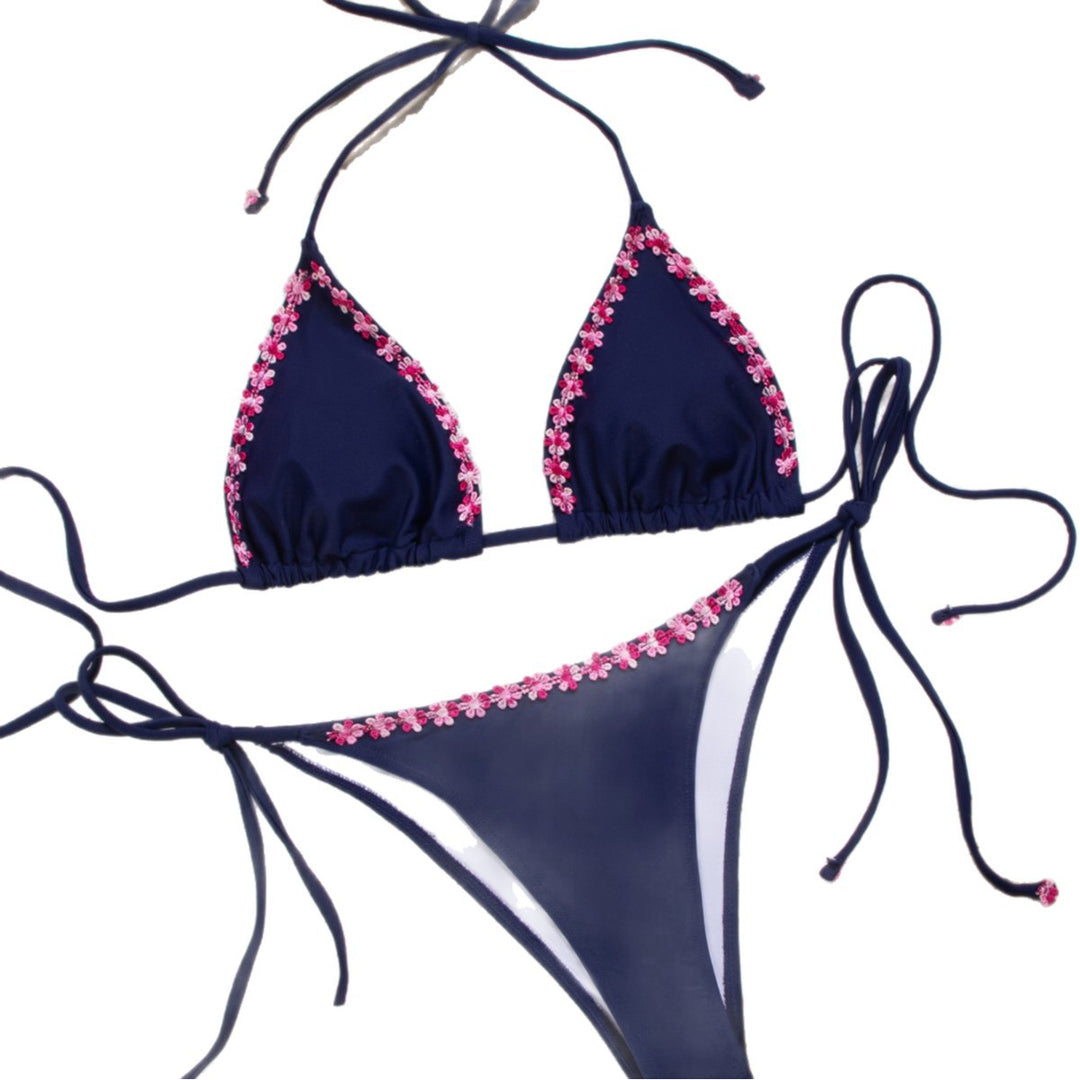 Damen Triangel-Bikini mit floralen Akzenten und verstellbaren Trägern EB