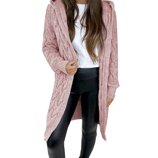 Damen lange Strickjacke mit Kapuze und Zopfmuster EB