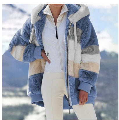 Damen Modische und warme Fleecejacke mit Kapuze und blockartigem Design EB