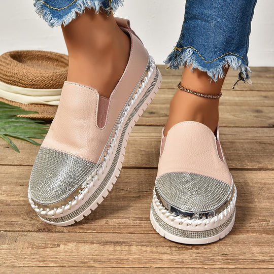 Damen Slip-On Plateau-Slipper mit Strassbesatz, elastischem Einstieg und profilierter Gummisohle EB
