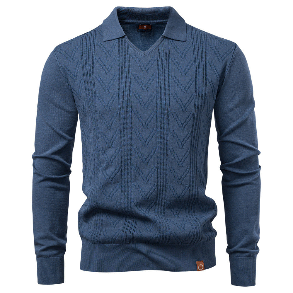 Herren nan feiner Strick-Polopullover mit V-Ausschnitt, Zickzackstruktur und Kentkragen EB
