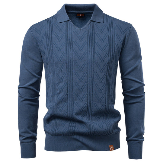 Herren nan feiner Strick-Polopullover mit V-Ausschnitt, Zickzackstruktur und Kentkragen EB