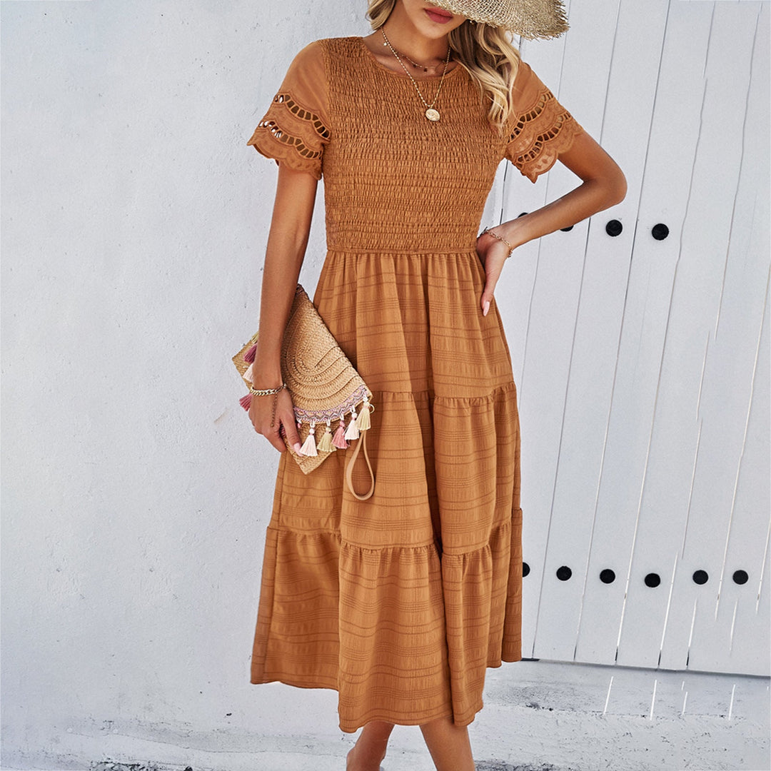 Damen Midikleid mit Puffärmeln und Elastischem Oberteil EB