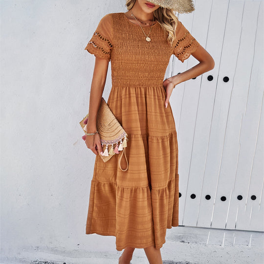 Damen Midikleid mit Puffärmeln und Elastischem Oberteil EB
